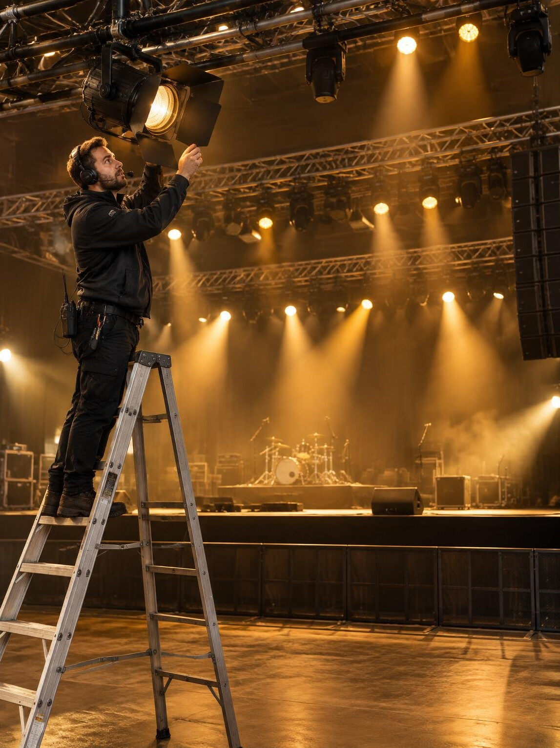 Lighting technician adjusting a spotlight rig above a stage