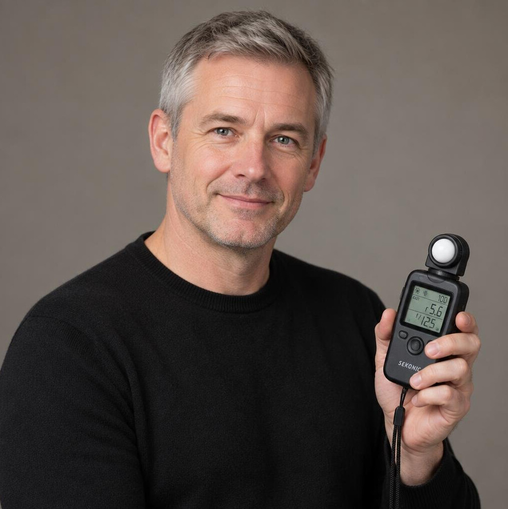 Portrait of a male lighting design instructor holding a light meter