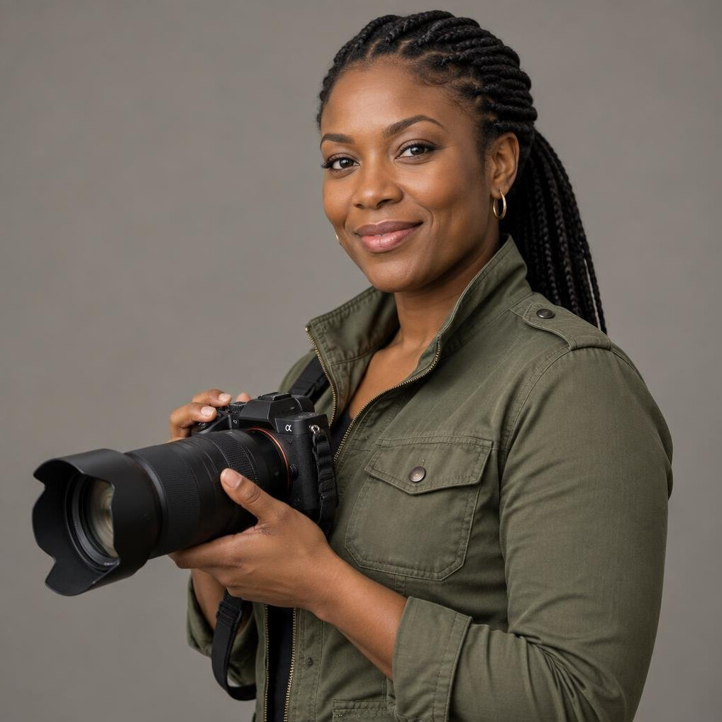 Portrait of a female camera operator instructor with a mirrorless camera