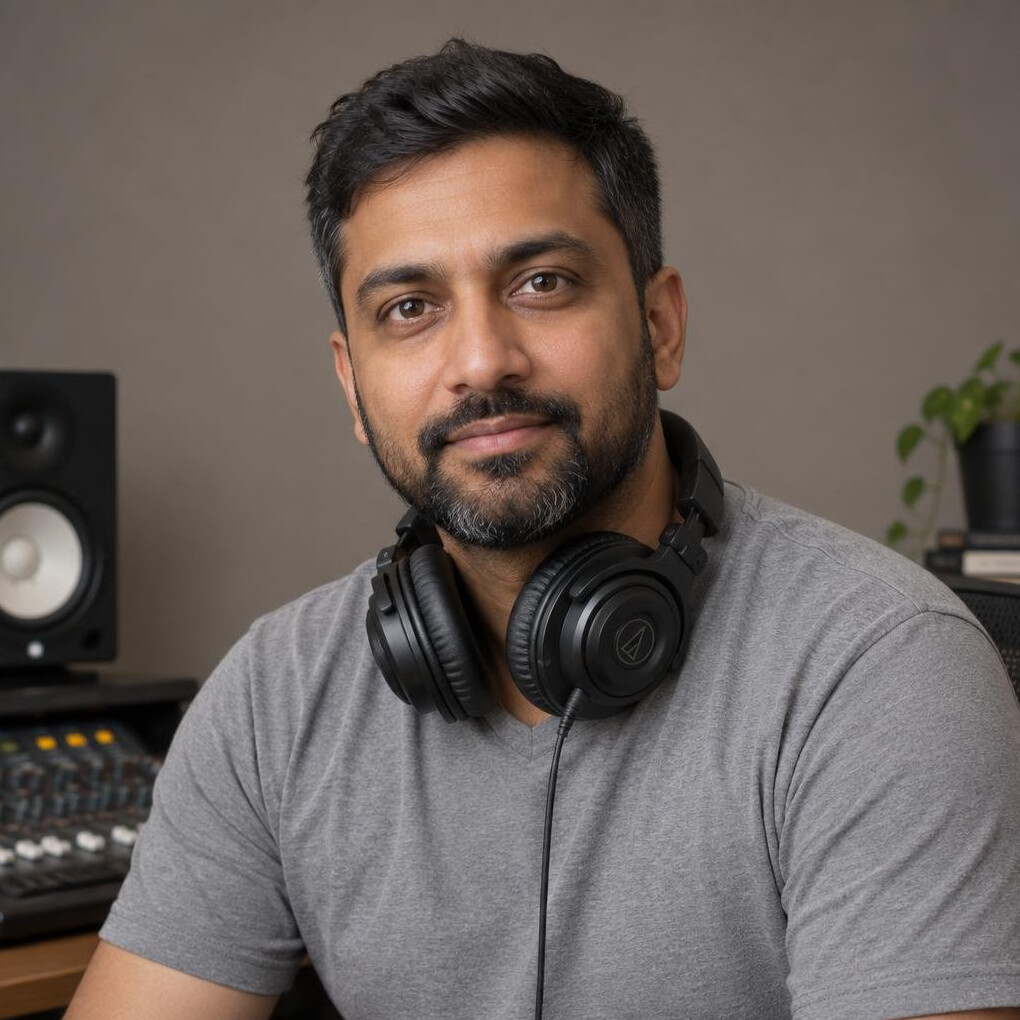 Portrait of a male audio engineer instructor wearing studio headphones