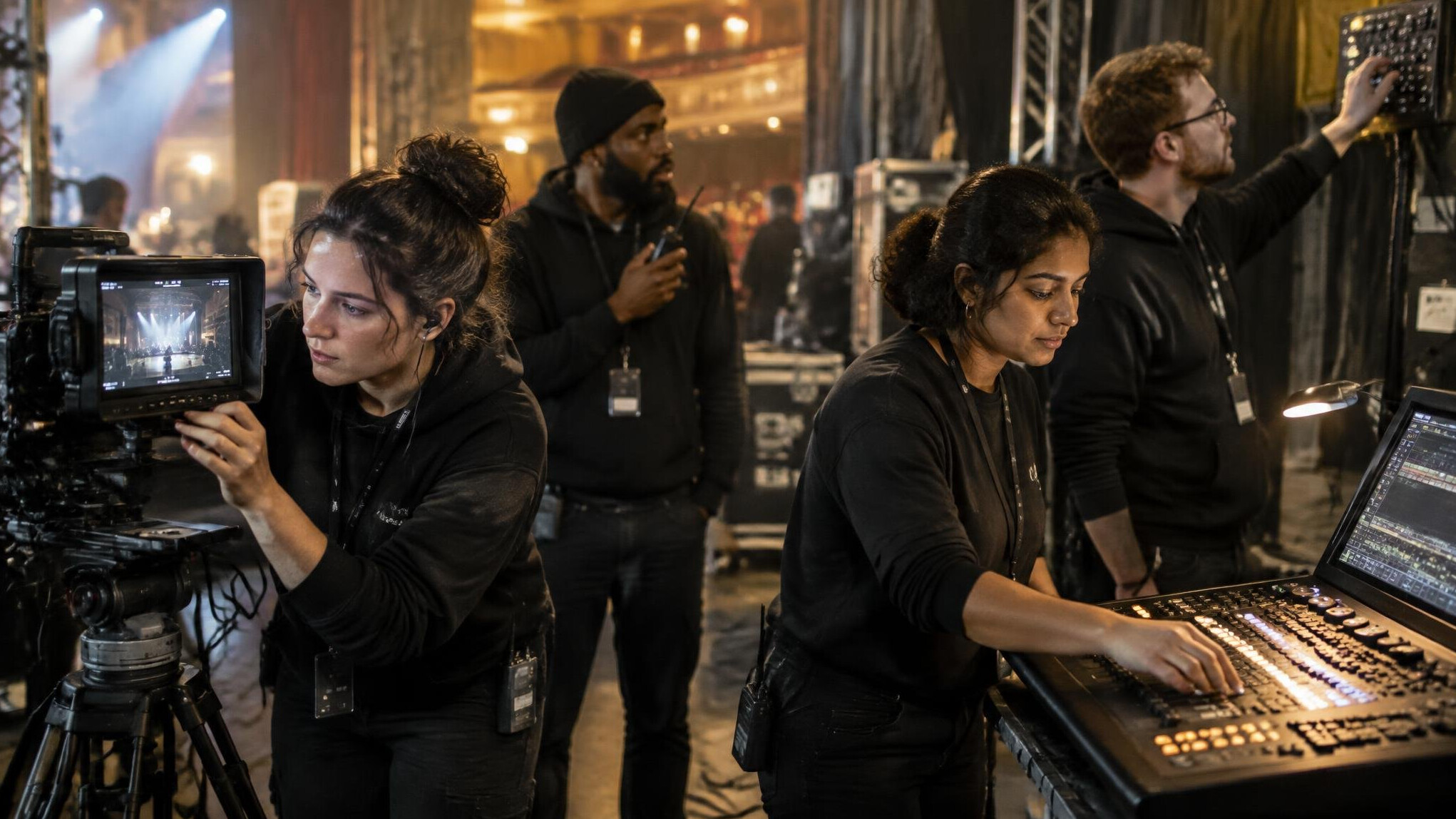 Event production crew working together backstage with lighting and camera equipment