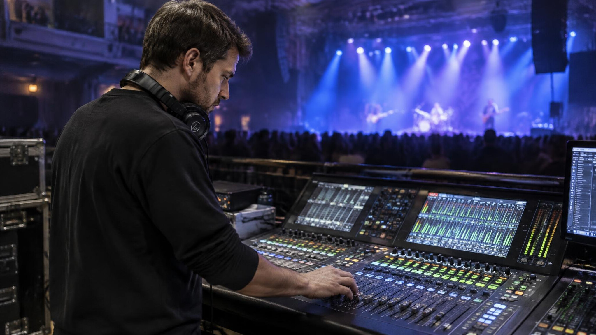 Audio engineer checking sound levels on a mixing console