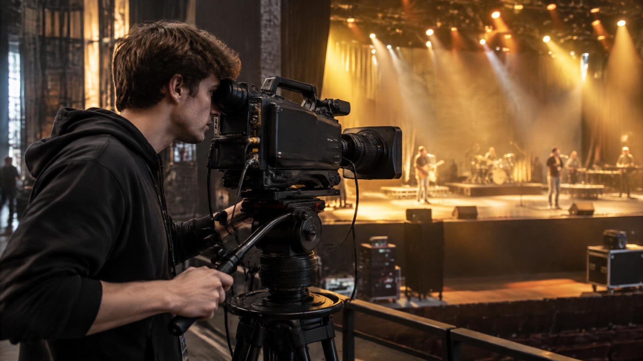 Camera operator framing a wide shot of a stage during rehearsal