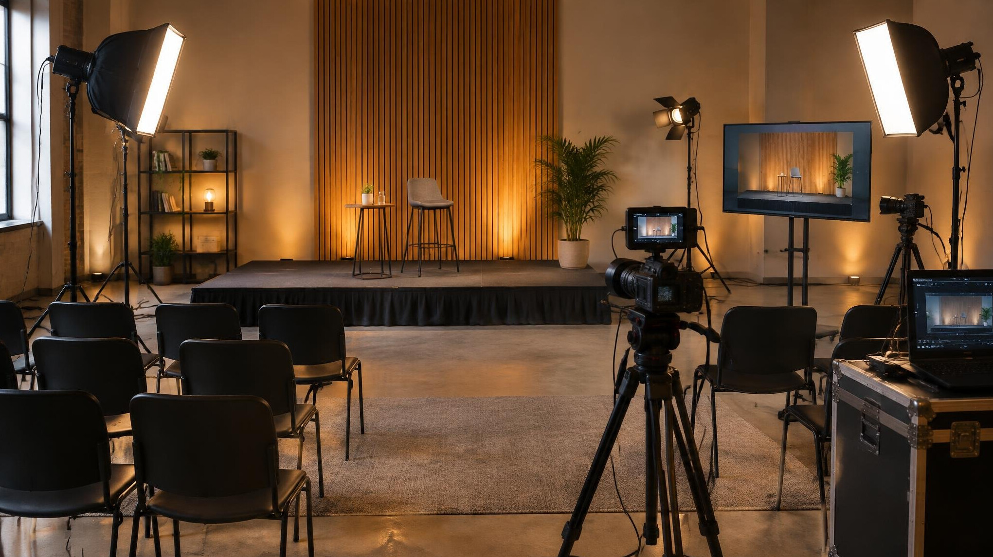 Training studio with lighting and camera equipment set up for a workshop