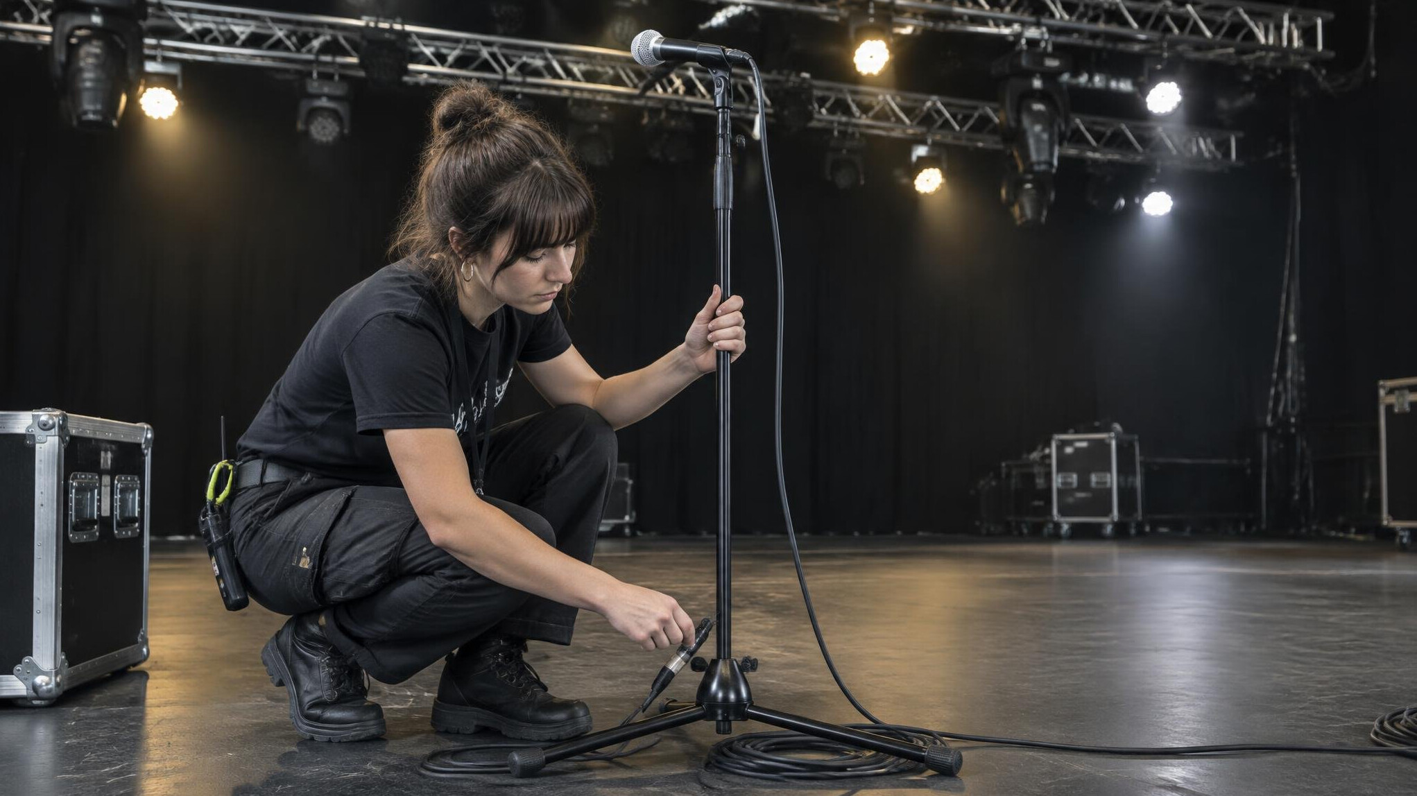 Sound engineer setting up microphones on stage before an event