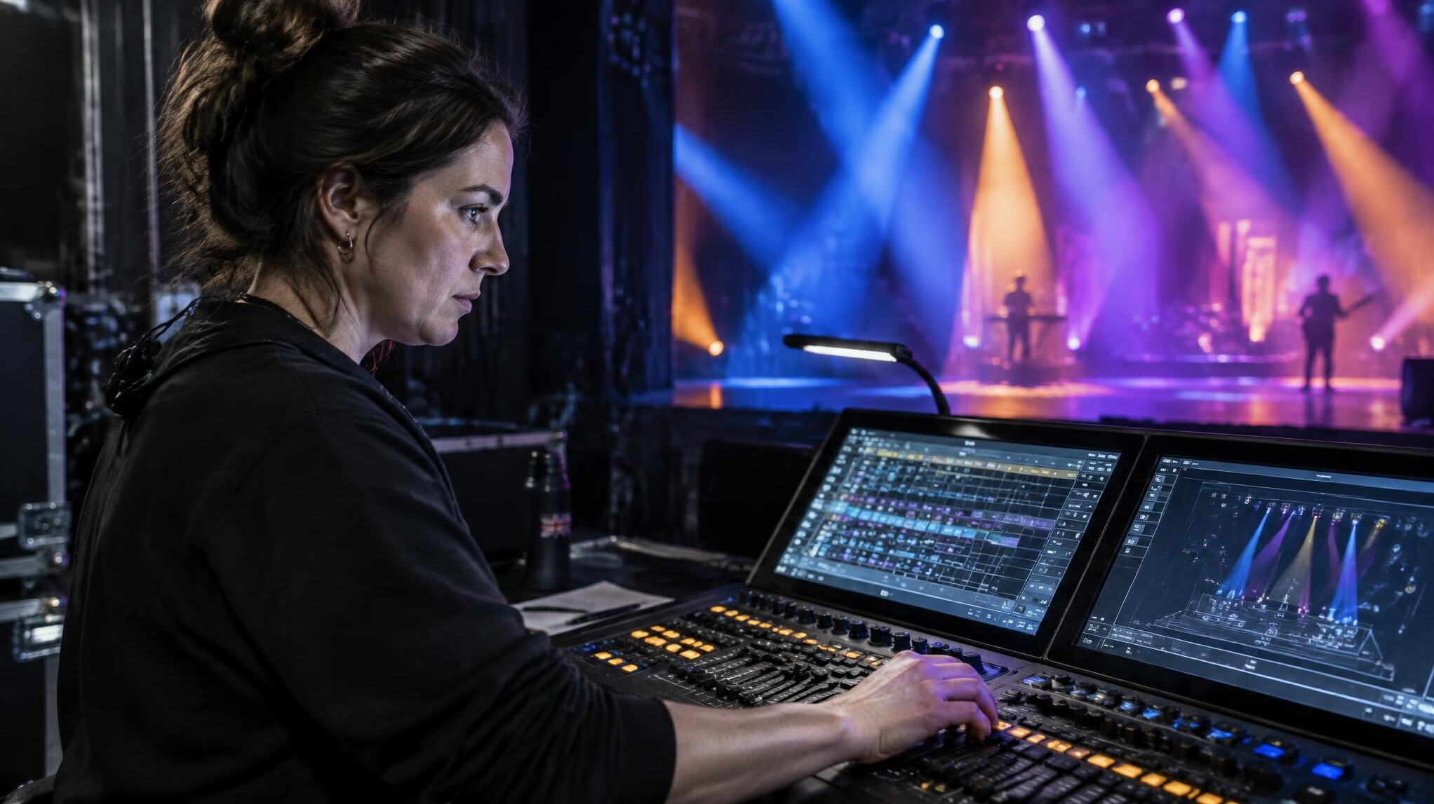Lighting designer programming a lighting console at an event