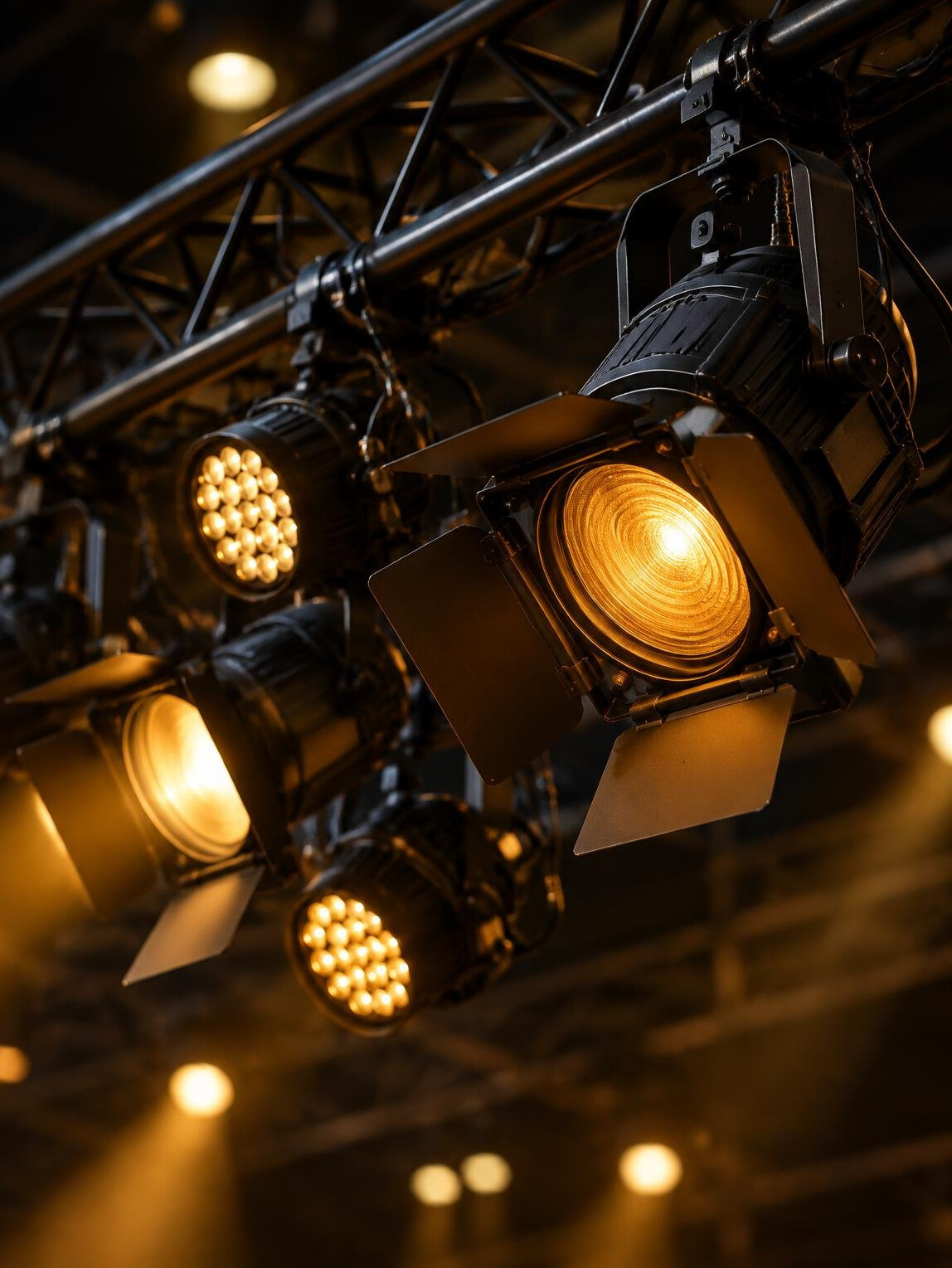 Close-up of stage lighting fixtures glowing warm amber against a dark ceiling