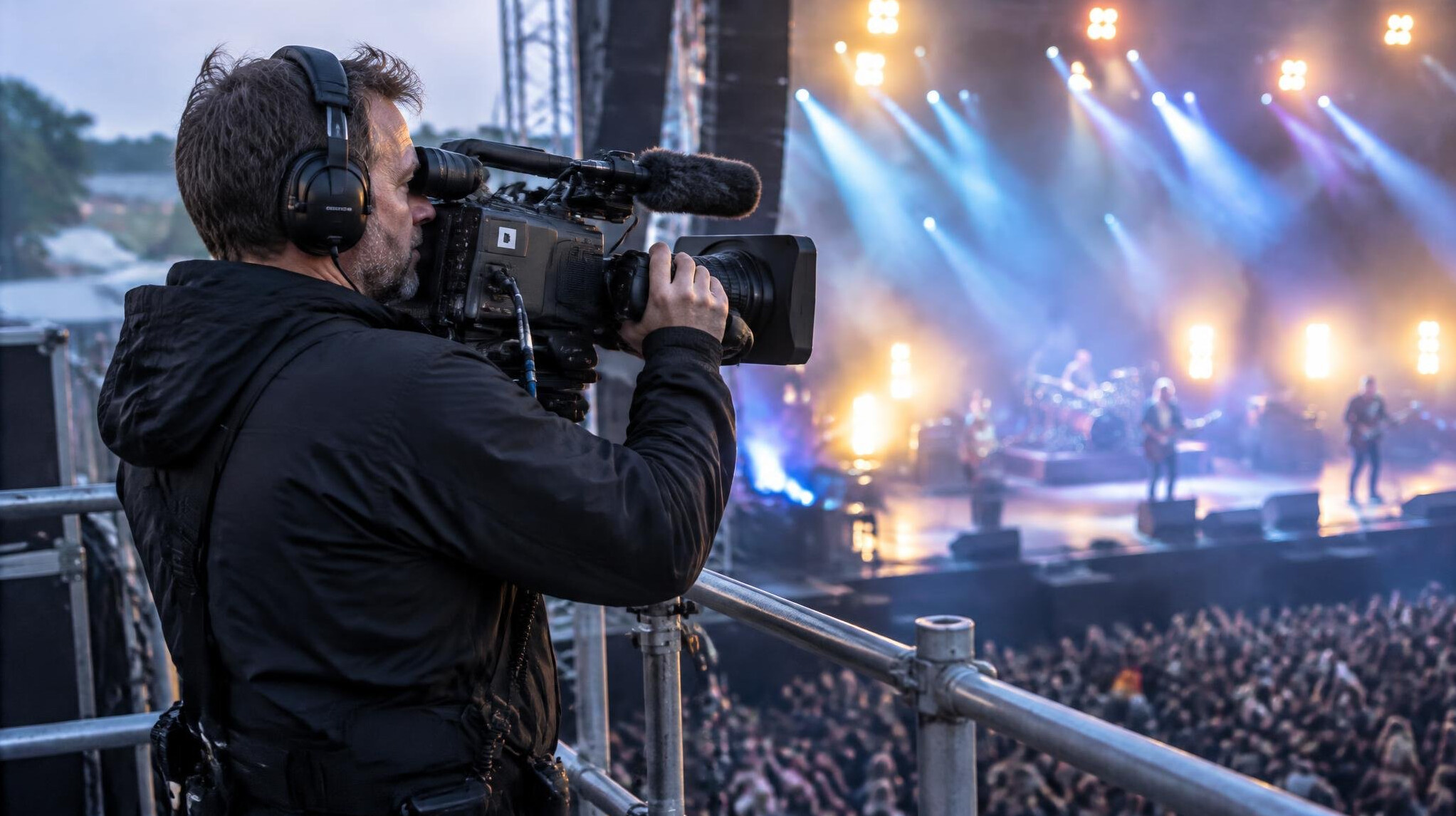 Camera operator filming from a stage-side platform during an event